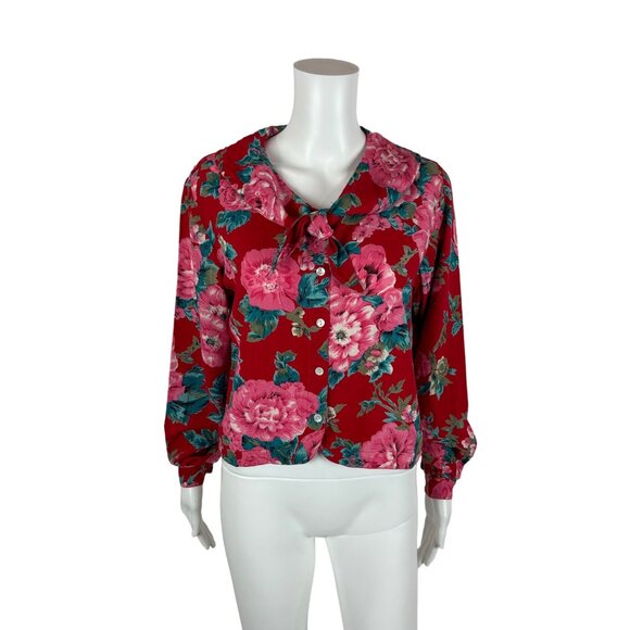 Vintage Tops - Vintage 90s Floral Blouse Women's Medium Red Pink Print Rayon Necktie Top